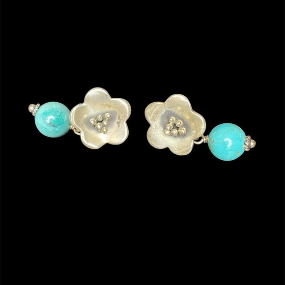 Southwestern Flower & Dangling Turquoise Beads Sterling Signed JRI 925 Earrings - Picture 1 of 4